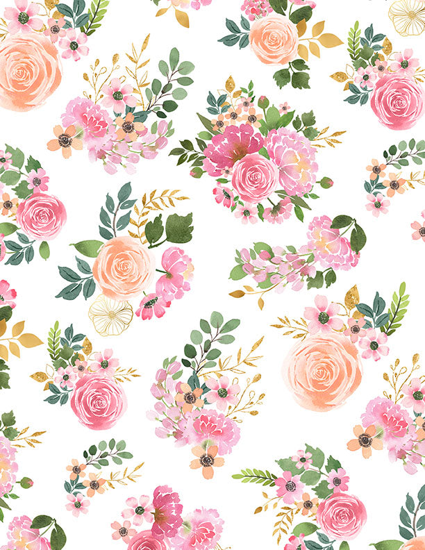 Wilmington Prints Peony Blossoms “Bouquet Toss” White Quilting Fabric by the 1/4 Yard
