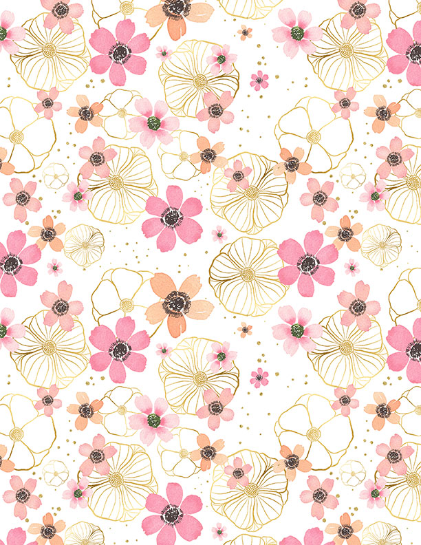 Wilmington Prints Peony Blossoms “Flowers & Gold” White Quilting Fabric by the 1/4 Yard