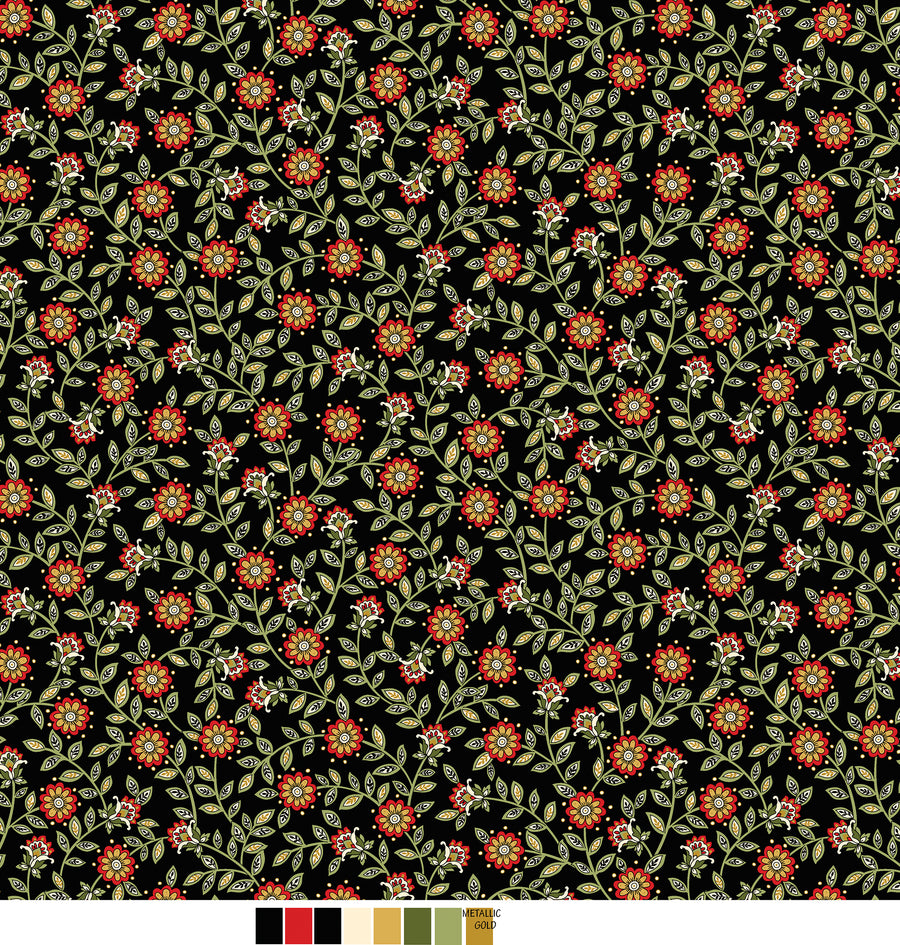 Samsara, Floral Trail-Black Quilting Fabric