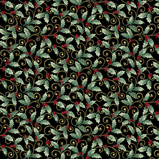 A Festive Medley, Holly & Scroll Black Quilting Fabric