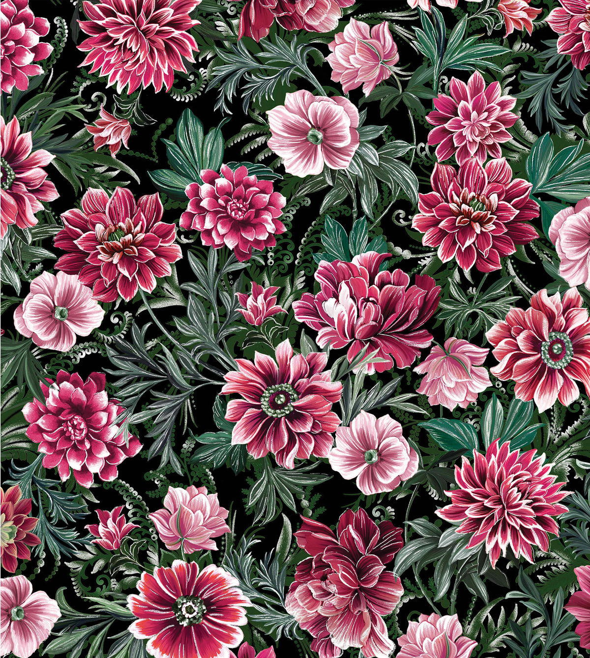 Winterberry Floral, Winterberry Garden-Black Quilting Fabric