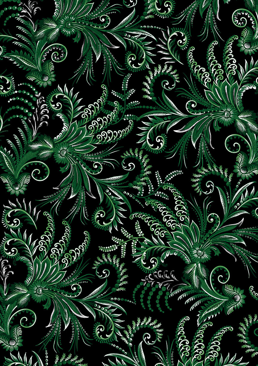 Winterberry Floral, Winterberry Scroll-Green Quilting Fabric