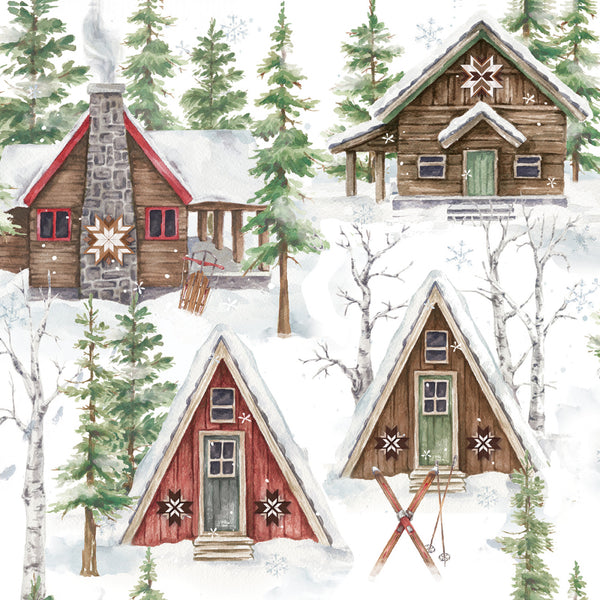 Snowflake Lodge, Ski Lodge-White Quilting Fabric