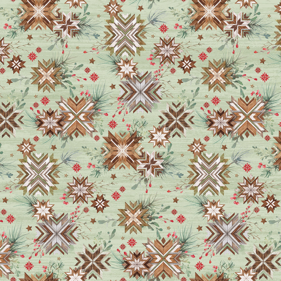 Snowflake Lodge, Woodgrain Stars-Green Quilting Fabric