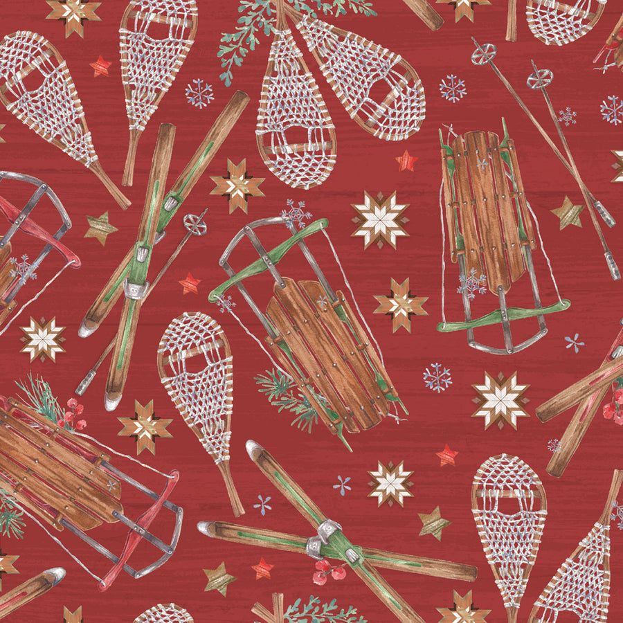 Snowflake Lodge, Snowshoes and Sleds-Red Quilting Fabric