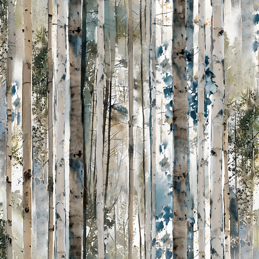 Multicolor Rustic Birch quilting fabric with white birch trees in blue, gray and taupe