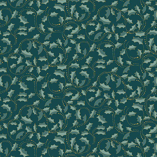 A Festive Medley, Golden Leaf Scroll Dark Teal Quilting Fabric