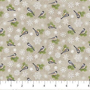 Winter Woodland "Chickadees (Taupe)" Fabric by the 1/4 Yard