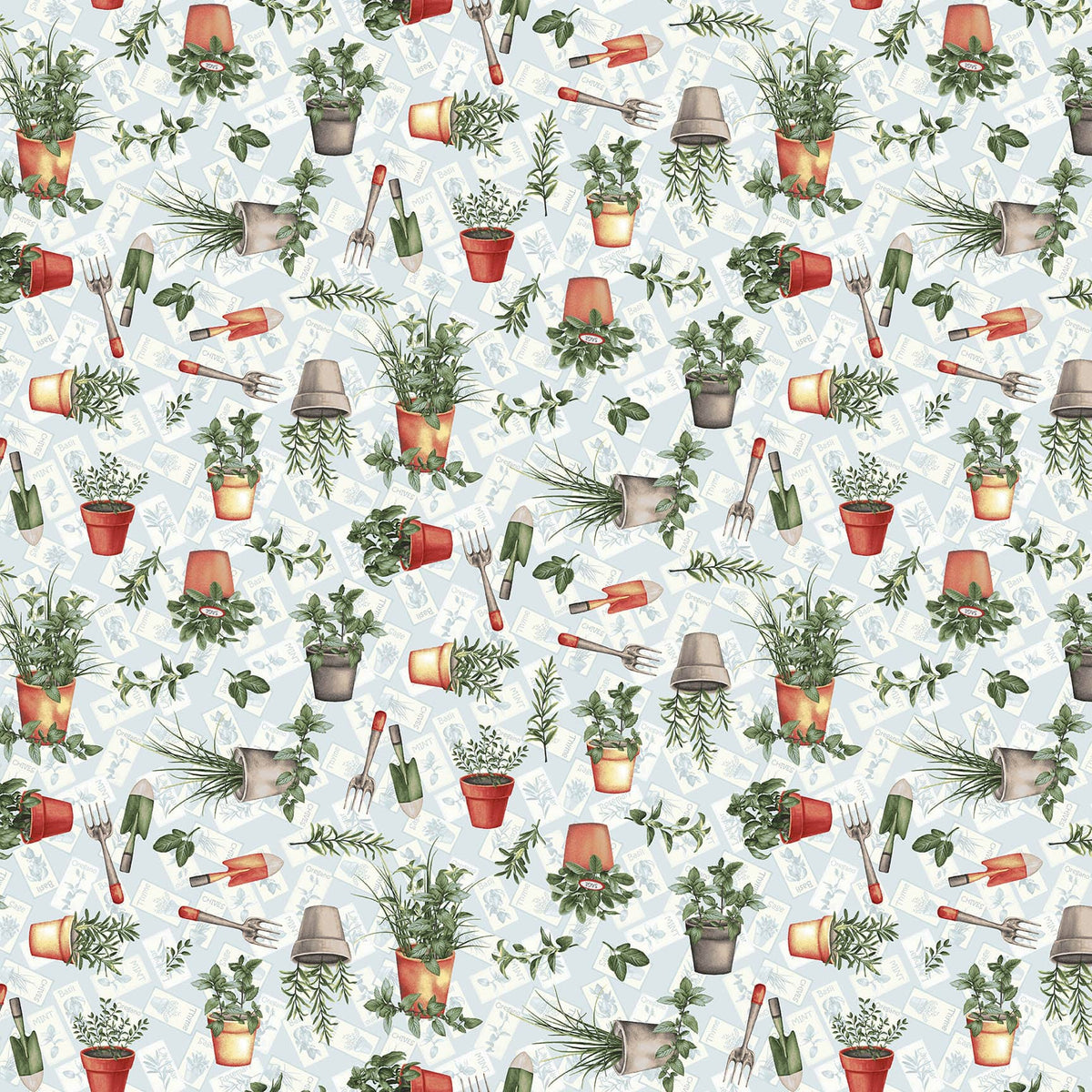 Gardening Snowmen Tossed Tools Quilting Fabric