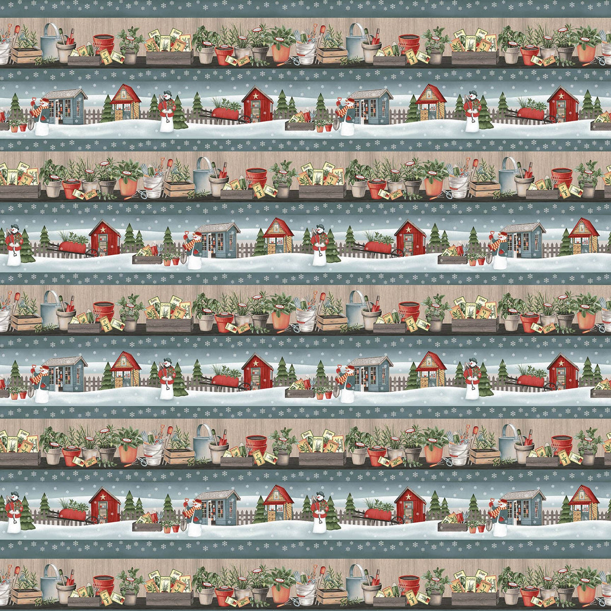 Gardening Snowmen Border Stripe Quilting Fabric