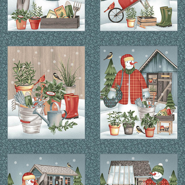 Gardening Snowmen Blue Blocks Fabric Panel