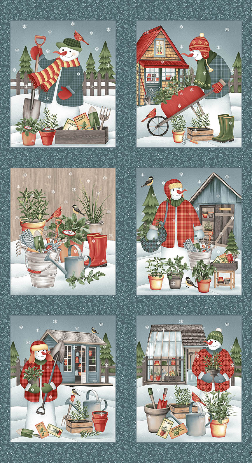 Gardening Snowmen Blue Blocks Fabric Panel