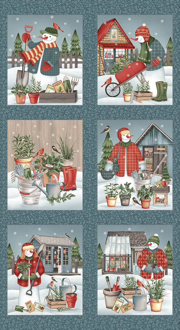 Gardening Snowmen Blue Blocks Fabric Panel