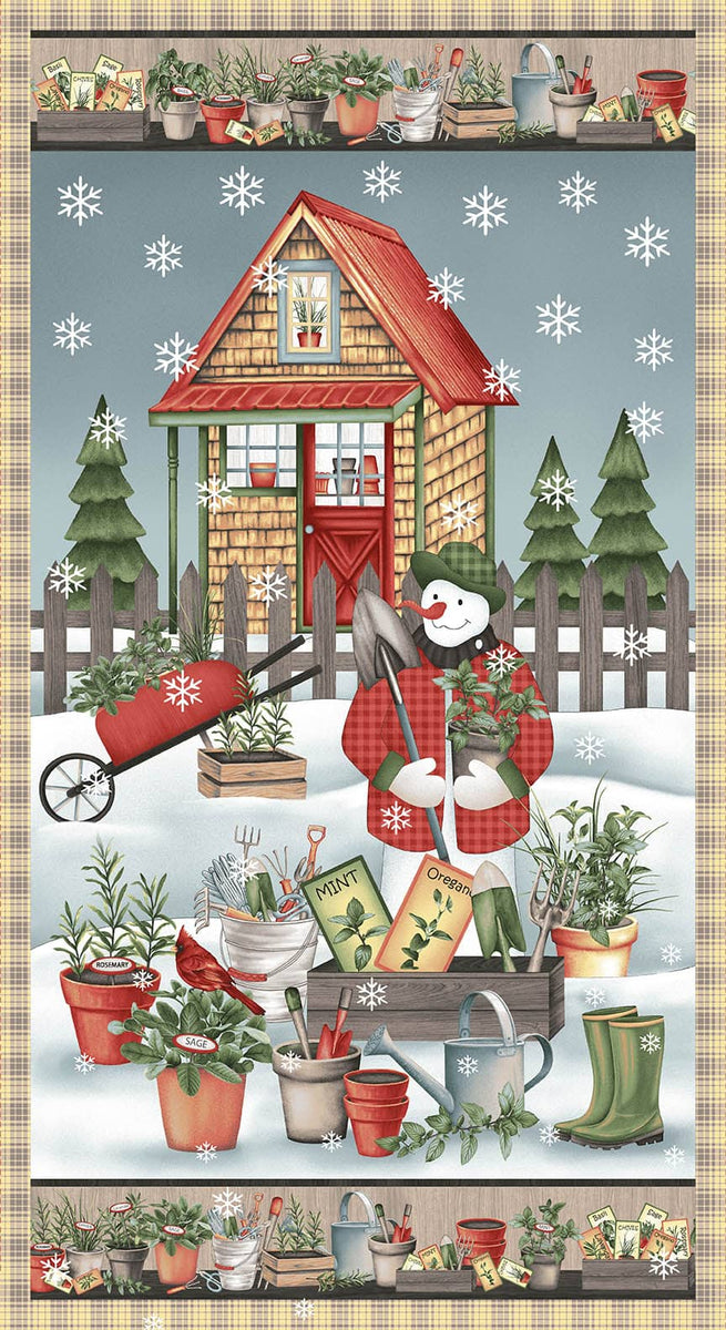 Gardening Snowmen Quilting Fabric Panel