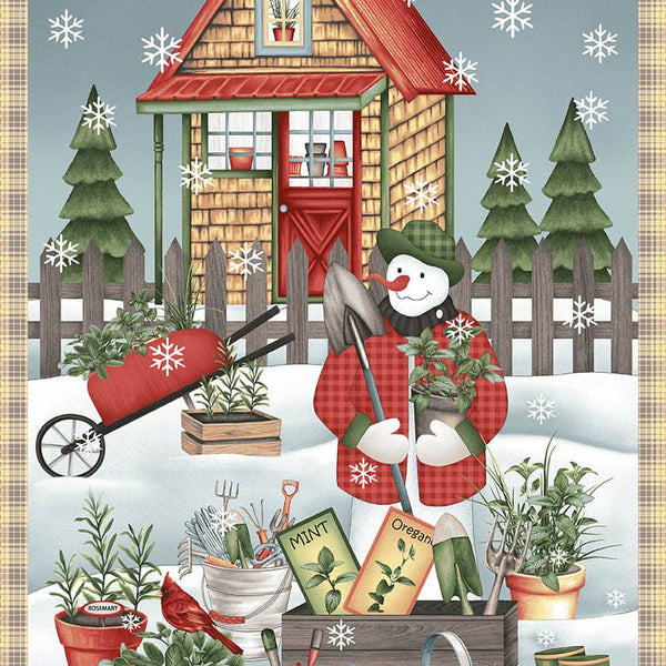 Gardening Snowmen Quilting Fabric Panel