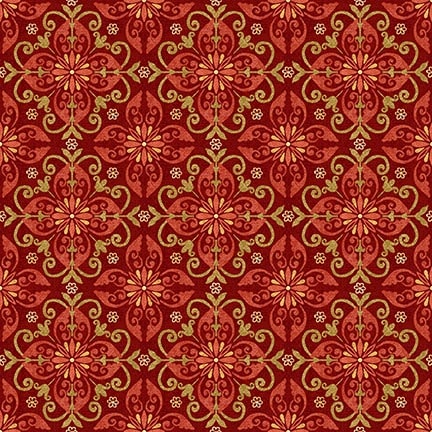 Chicken Shack, Medallion Tiles Red Quilting Fabric