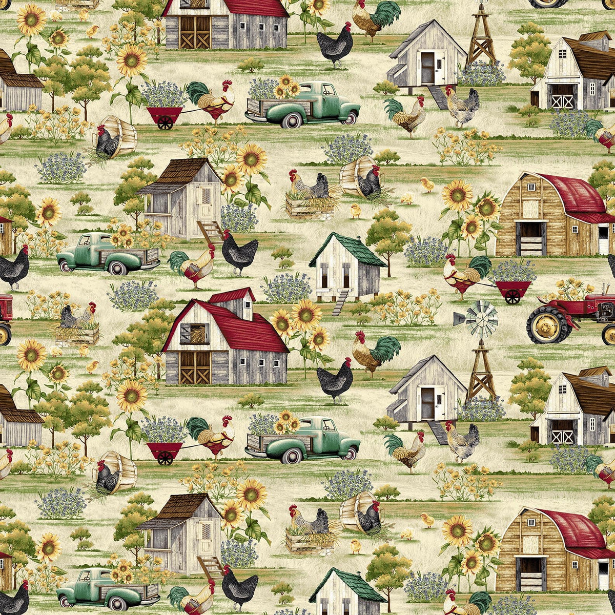 Chicken Shack, Scenic Multicolor Quilting Fabric