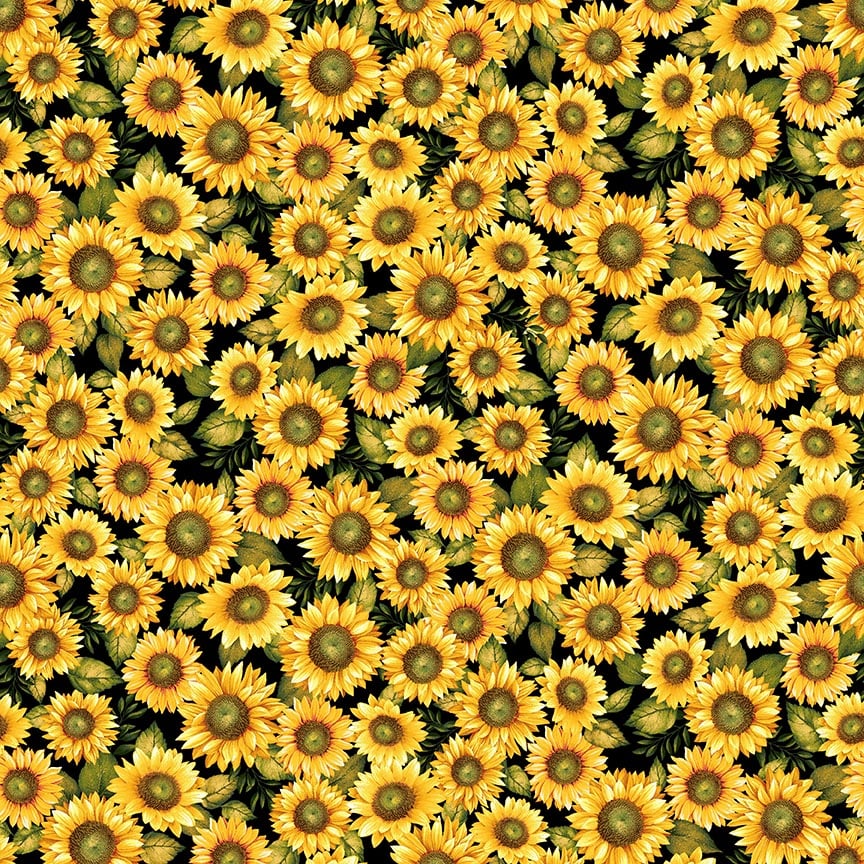 Chicken Shack, Black Quilting Sunflowers Fabric