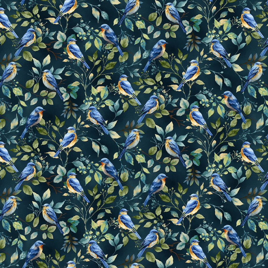 Awakenings Blue Bird Toss quilting fabric by Jan Mott for Henry Glass