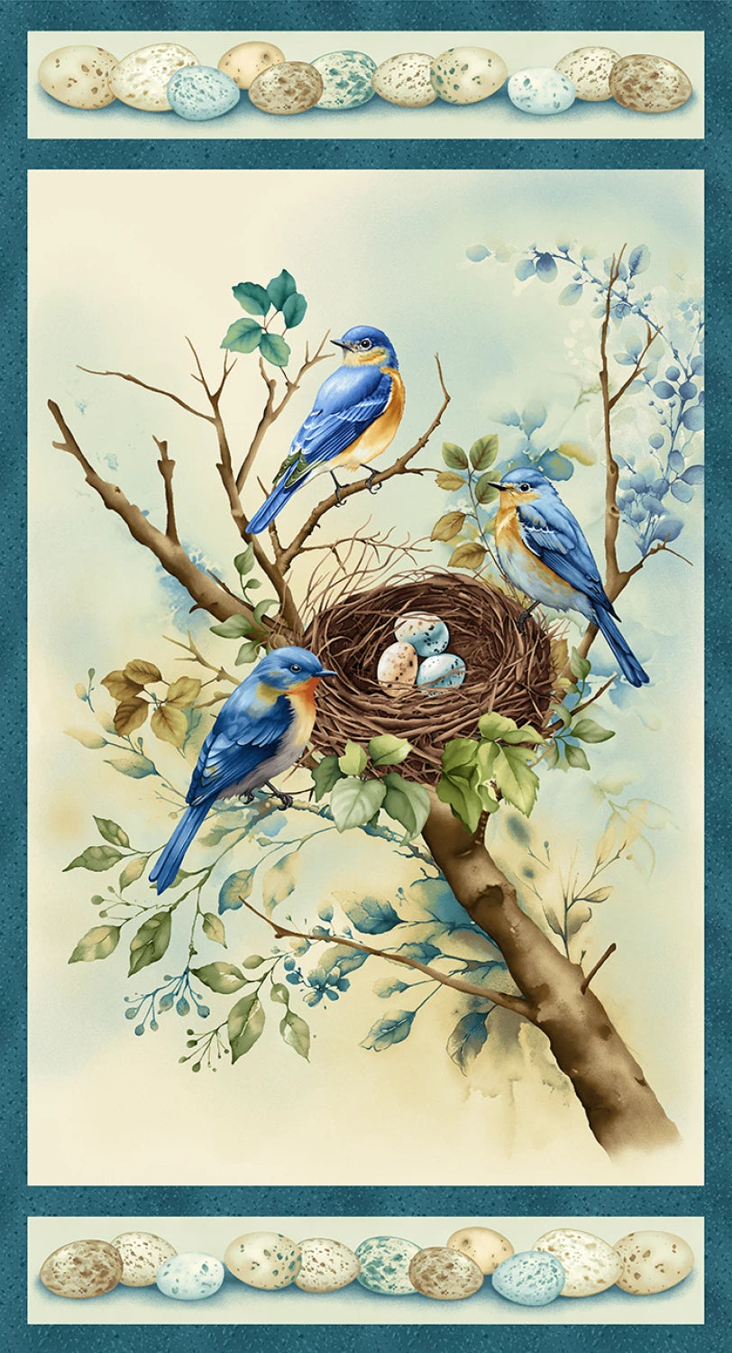 Awakenings Blue Nest 24 x 44 inch quilt panel by Jan Mott for Henry Glass