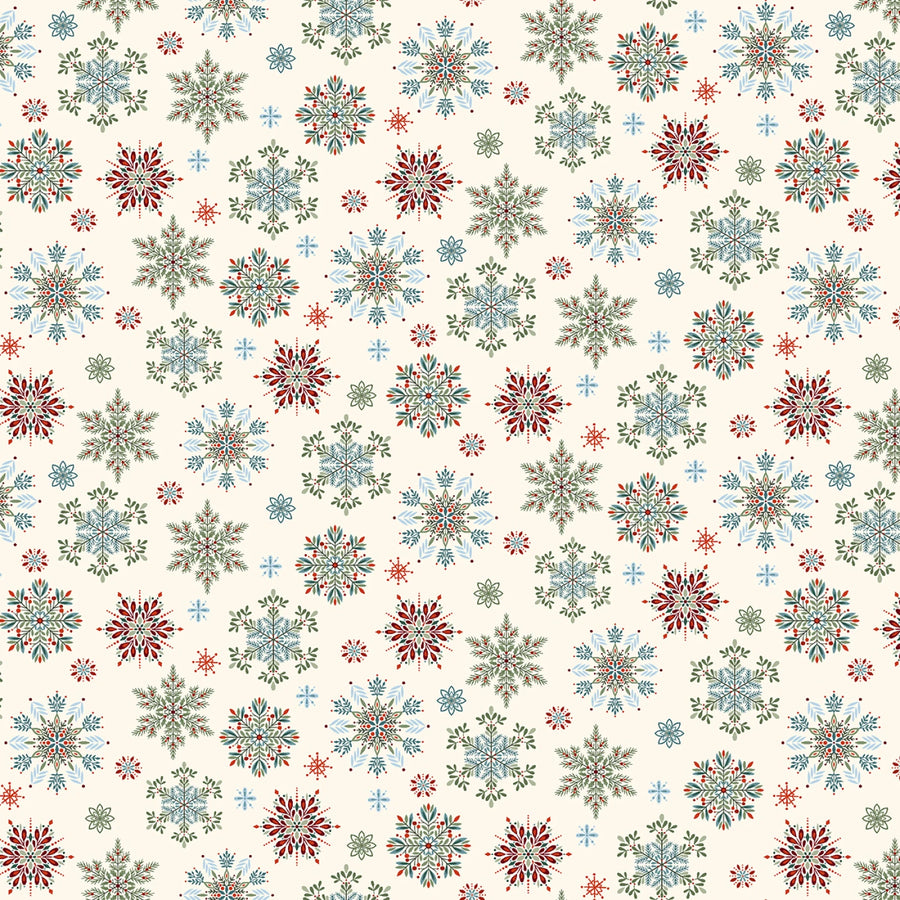 Nordic Holiday Village Cream Multi Snowflakes Christmas quilting fabric by Henry Glass
