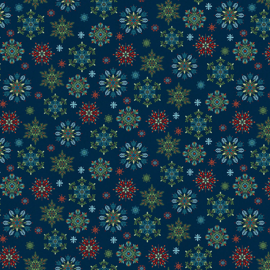 Nordic Holiday Village Blue Multi Snowflakes Christmas quilting fabric by Henry Glass