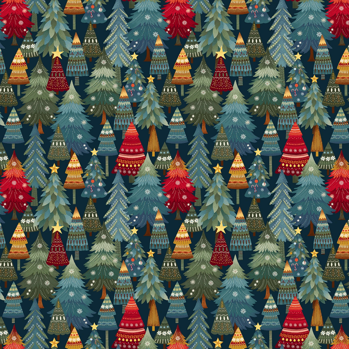 Dark Blue Stacked Trees Christmas Fabric | Henry Glass