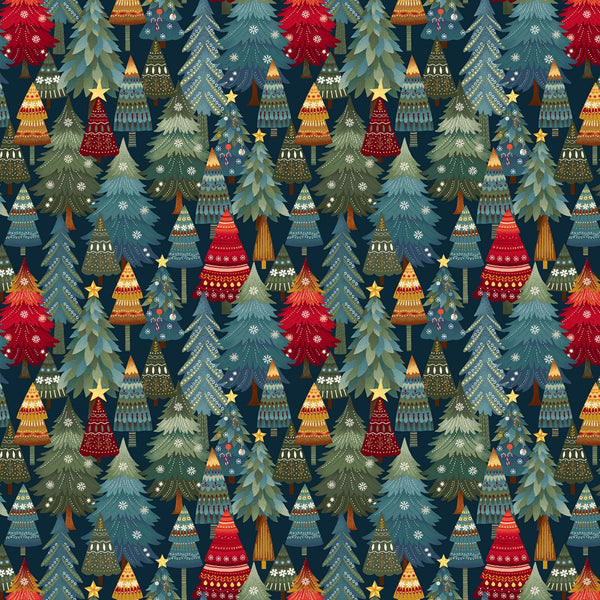 Dark Blue Stacked Trees Christmas Fabric | Henry Glass