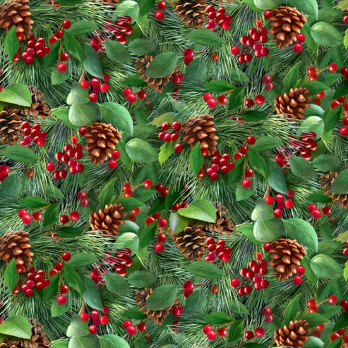 🎄 Pinecones and Berries - Green Quilting Fabric by Elizabeth's Studio