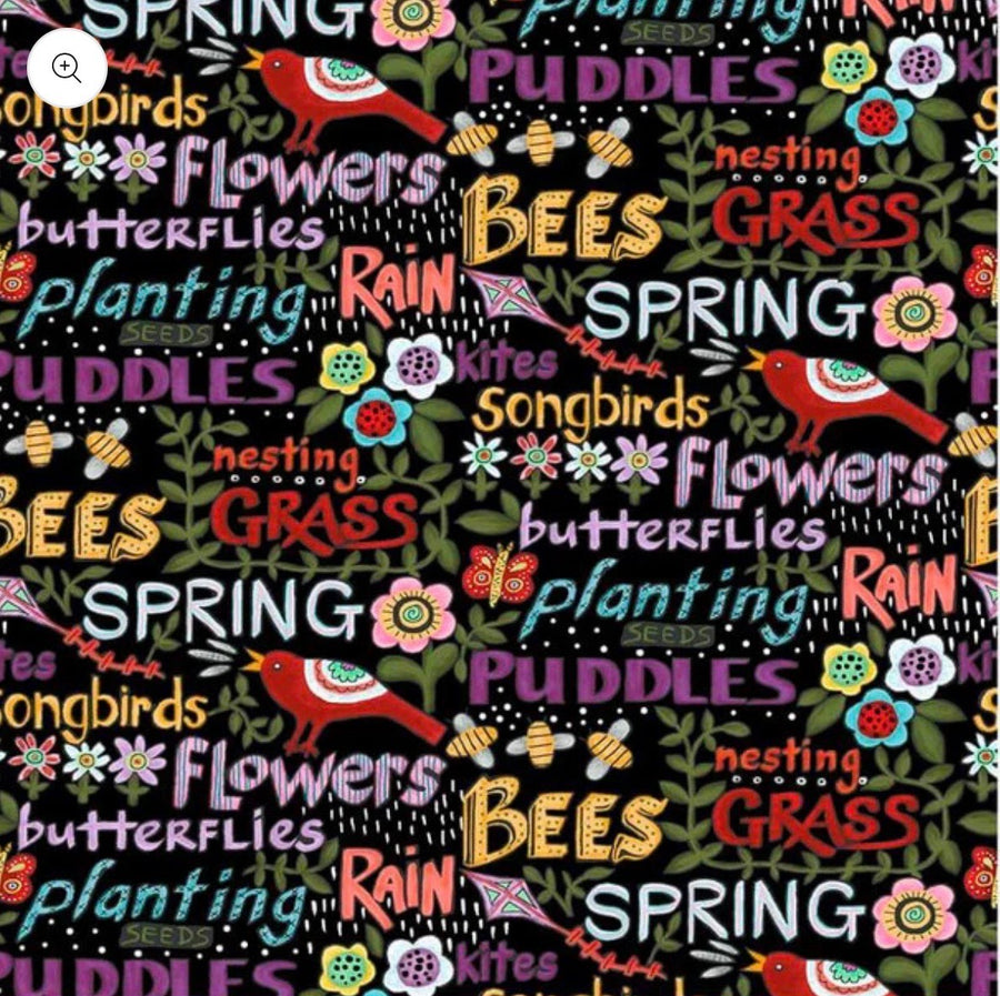 Folkscapes Spring Words Fabric Black Fabric by the 1/4 Yard by Benartex