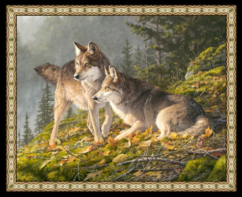 Companions Wolf Pair 36 x 44 inch wildlife fabric panel by Elizabeth's Studio