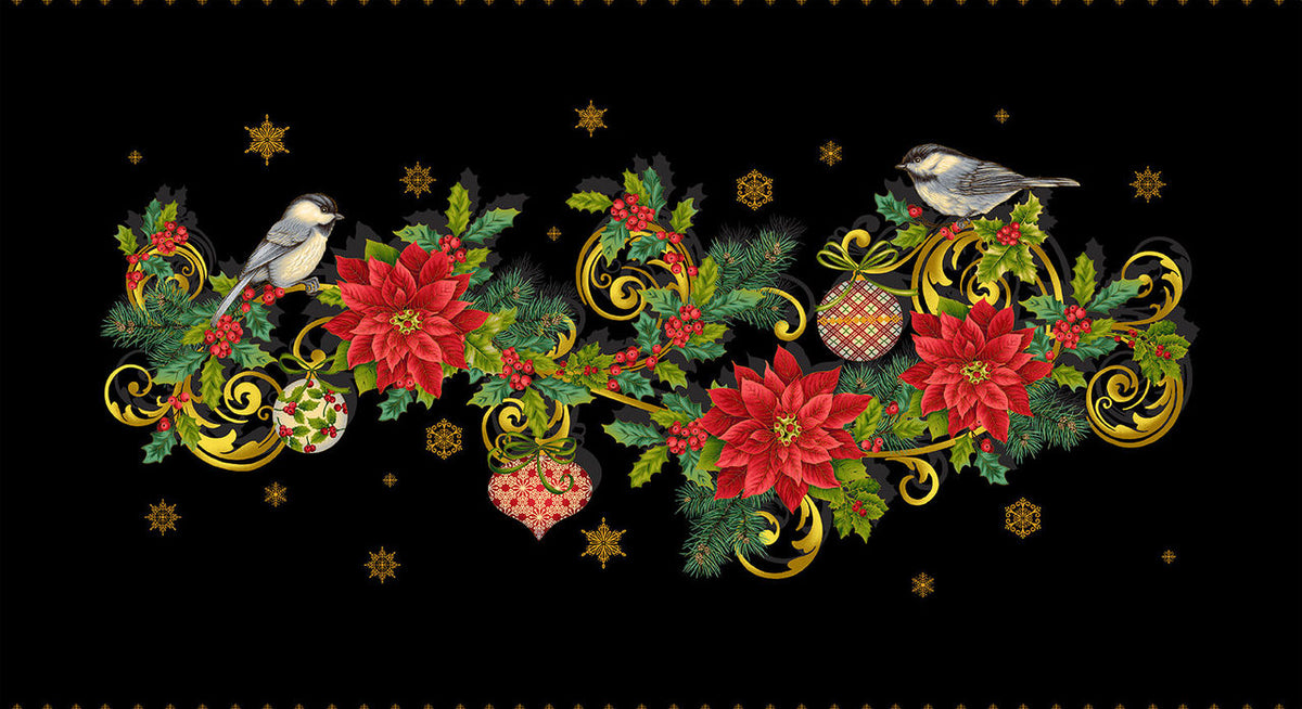 Christmas Joy, Black Table Runner Quilt Panel