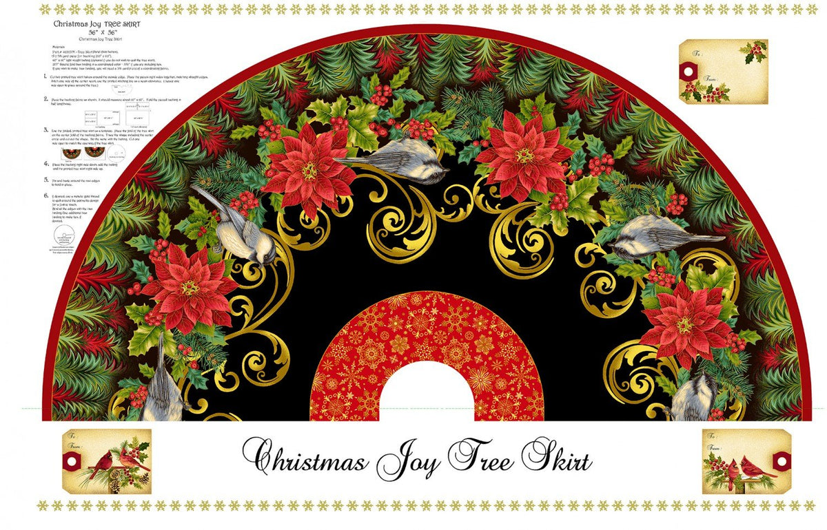 Christmas Joy, Black Tree Skirt Quilt Panel