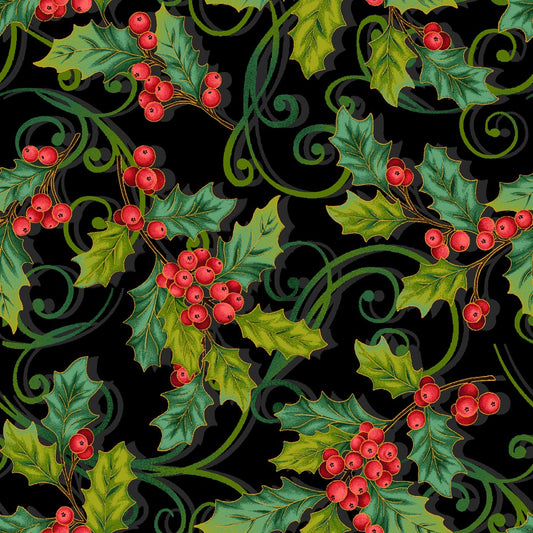Christmas Joy * Black Poinsettia and Holly * by Studio E Fabrics