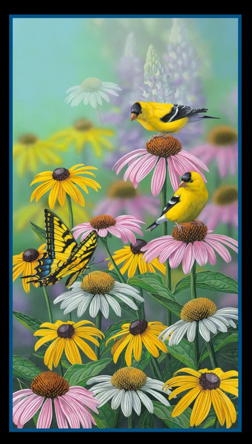 Curious Visitor fabric panel with goldfinches, swallowtail butterfly and coneflowers