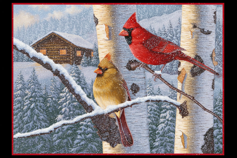 Perfect Pair Cardinal 36 x 44 inch winter fabric panel by Elizabeth's Studio