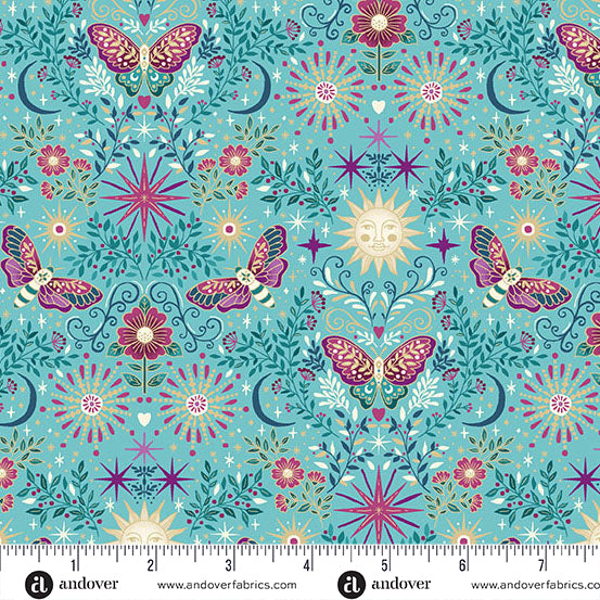 Luna Teal Night Garden quilt fabric by Makower UK