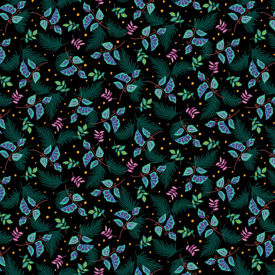Hothouse Magic by Studio E Fabrics-Tropical Leaves-Black Fabric by the 1/4 Yard