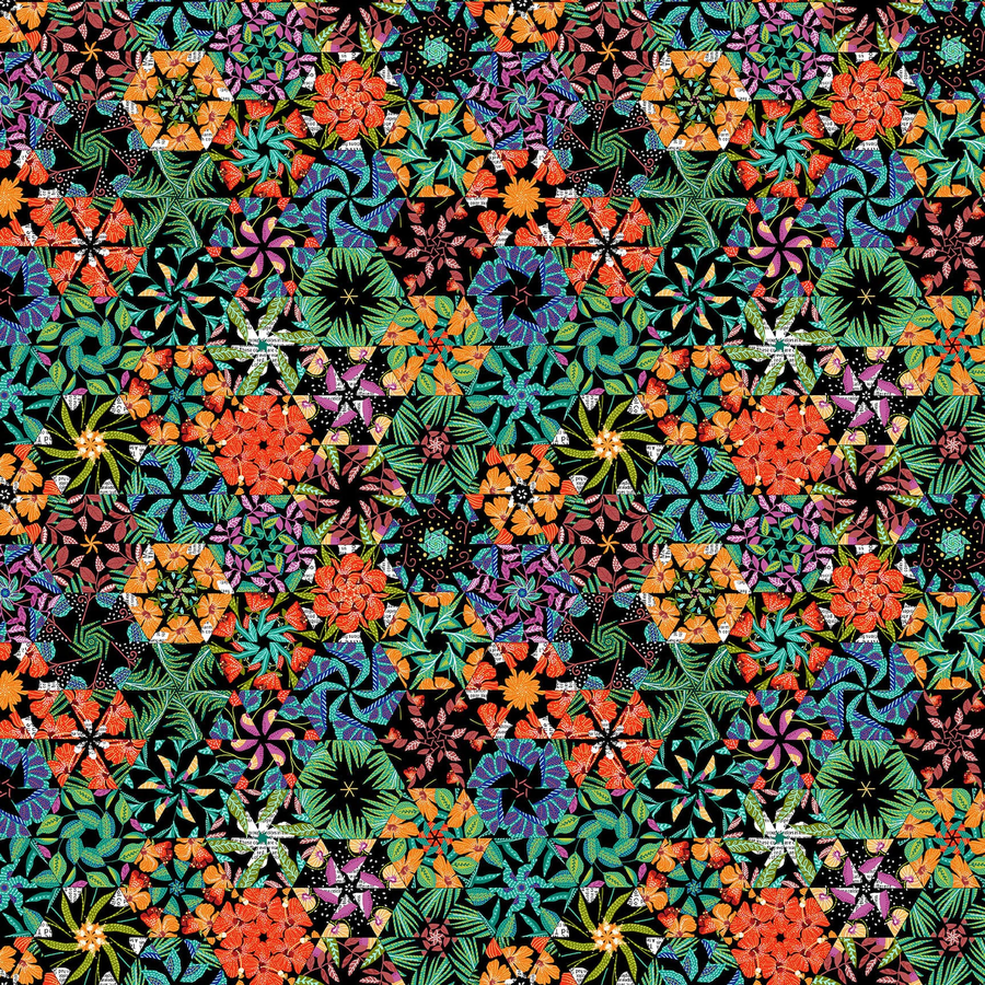 Hothouse Magic by Studio E Fabrics-Mirrored Hexie-Black Fabric by the 1/4 Yard