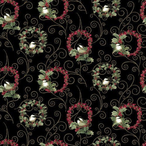 A Festive Medley, Chickadee Wreaths-Black Quilting Fabric