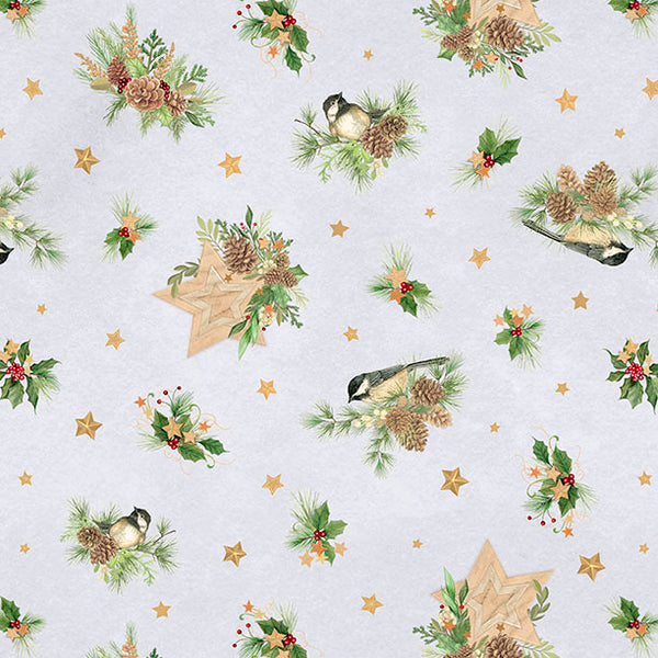 "Birds & Pine Toss Gray" - Fabric by the 1/4 Yard