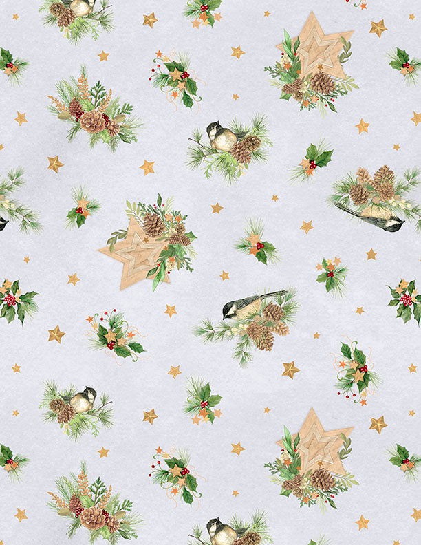 "Birds & Pine Toss Gray" - Fabric by the 1/4 Yard by Wilmington Prints