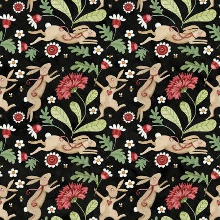 Hop Hop Hooray, Bunnies in the Garden-Black Quilting Fabric