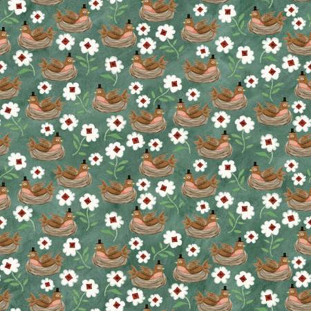 Hop Hop Hooray, Robins Nest-Teal Quilting Fabric