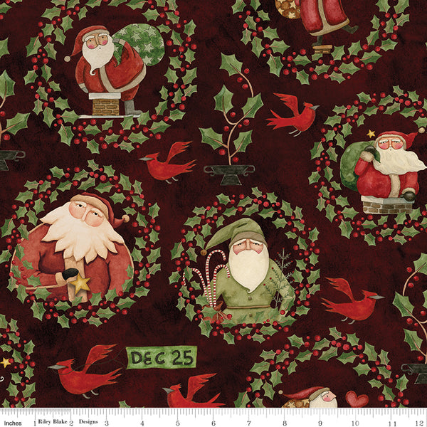 Up On The Housetop, Santa Holly Cranberry Quilting Fabric