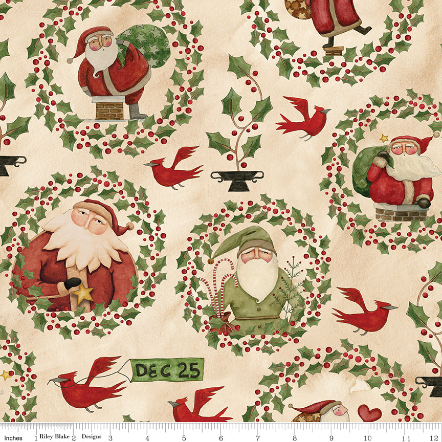 Up On The Housetop, Santa Holly Snowflake Quilting Fabric