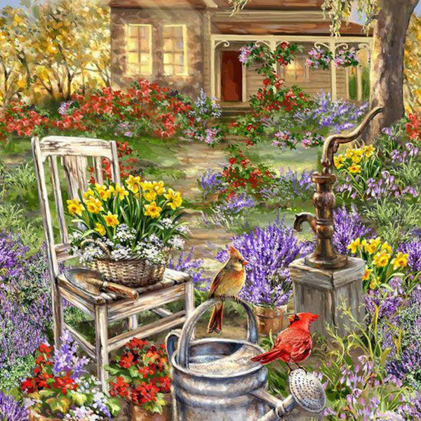 "A Gardener's Delight" Panel Fabric - Rustic Cottage & Lavender Dream