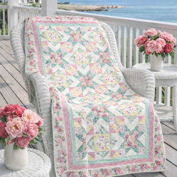 Peony Blossoms Throw Quilt by Lakeside Art Studio