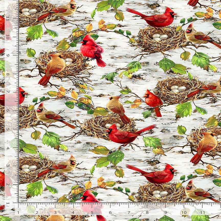"Cardinals & Bird Nests Fabric" - Fabric by the 1/4 Yard