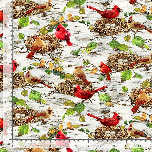 "Cardinals & Bird Nests Fabric" - Fabric by the 1/4 Yard